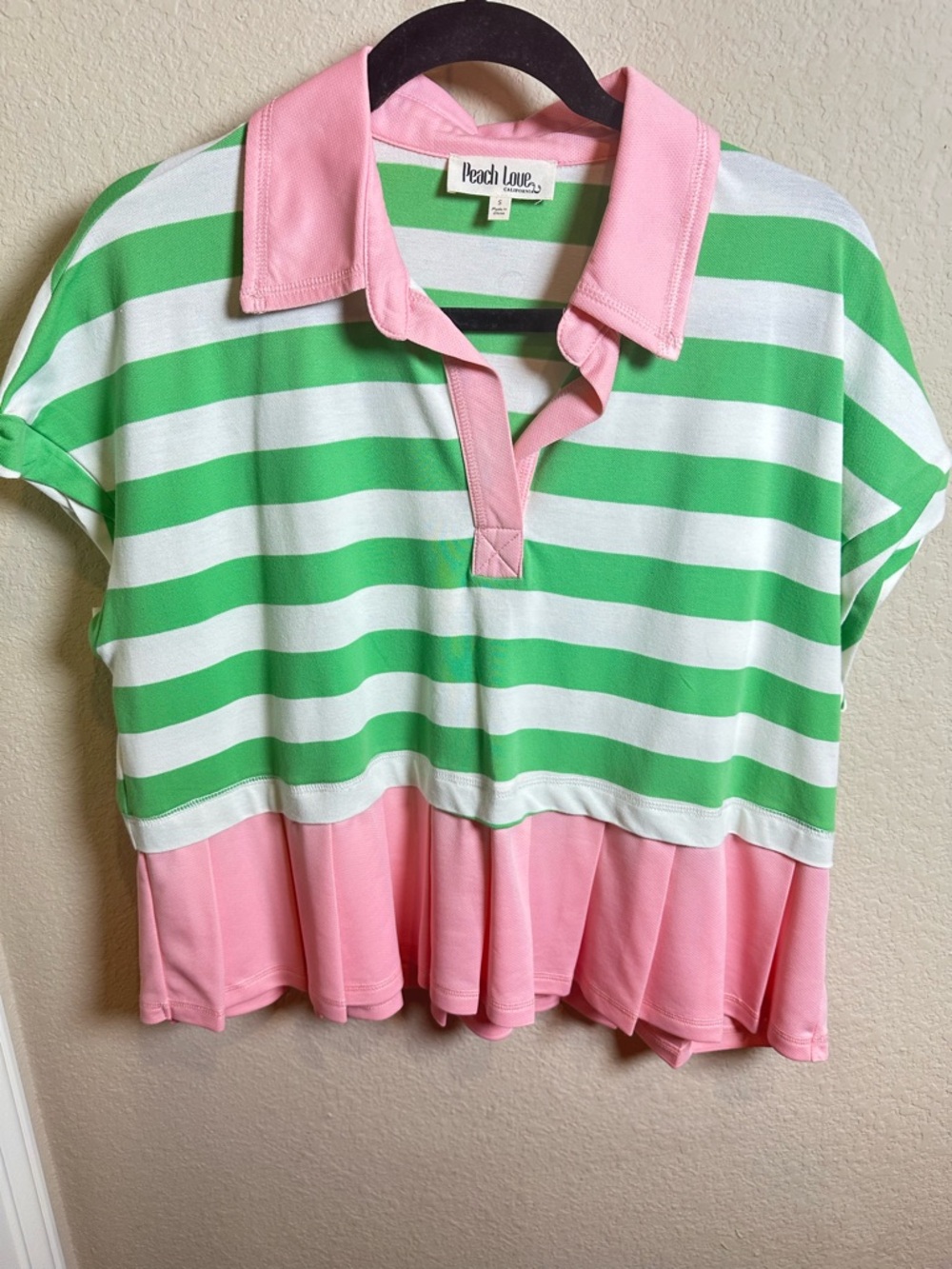 Peach Love California Green & Pink Striped Polo Peplum Top
